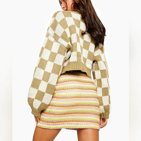 AFTER SCHEX Puff Balloon Sleeve Check Chunky V-Neck Crop Oversized Sweat… - Picture 8 of 12